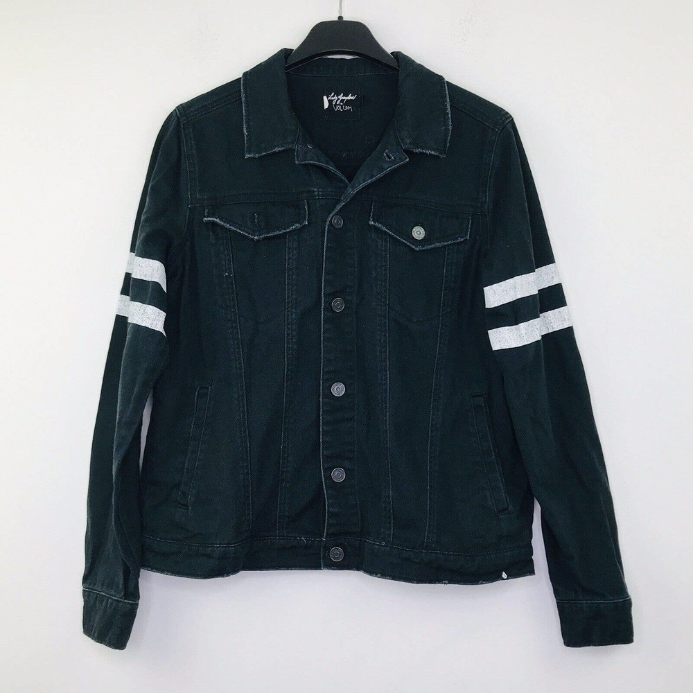 Volcom Lady Grouplove Women's S Black Denim Jacket Frayed Edge Striped Sleeve